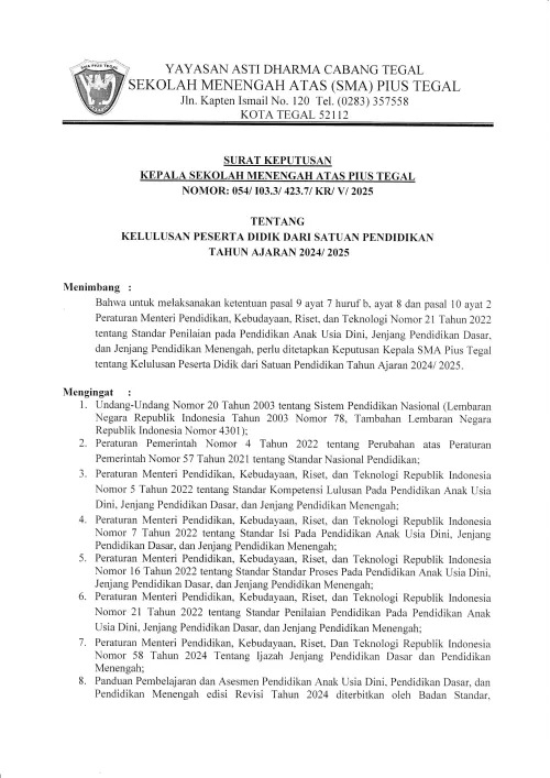 Pengumuman Kelulusan SMA PIUS TEGAL